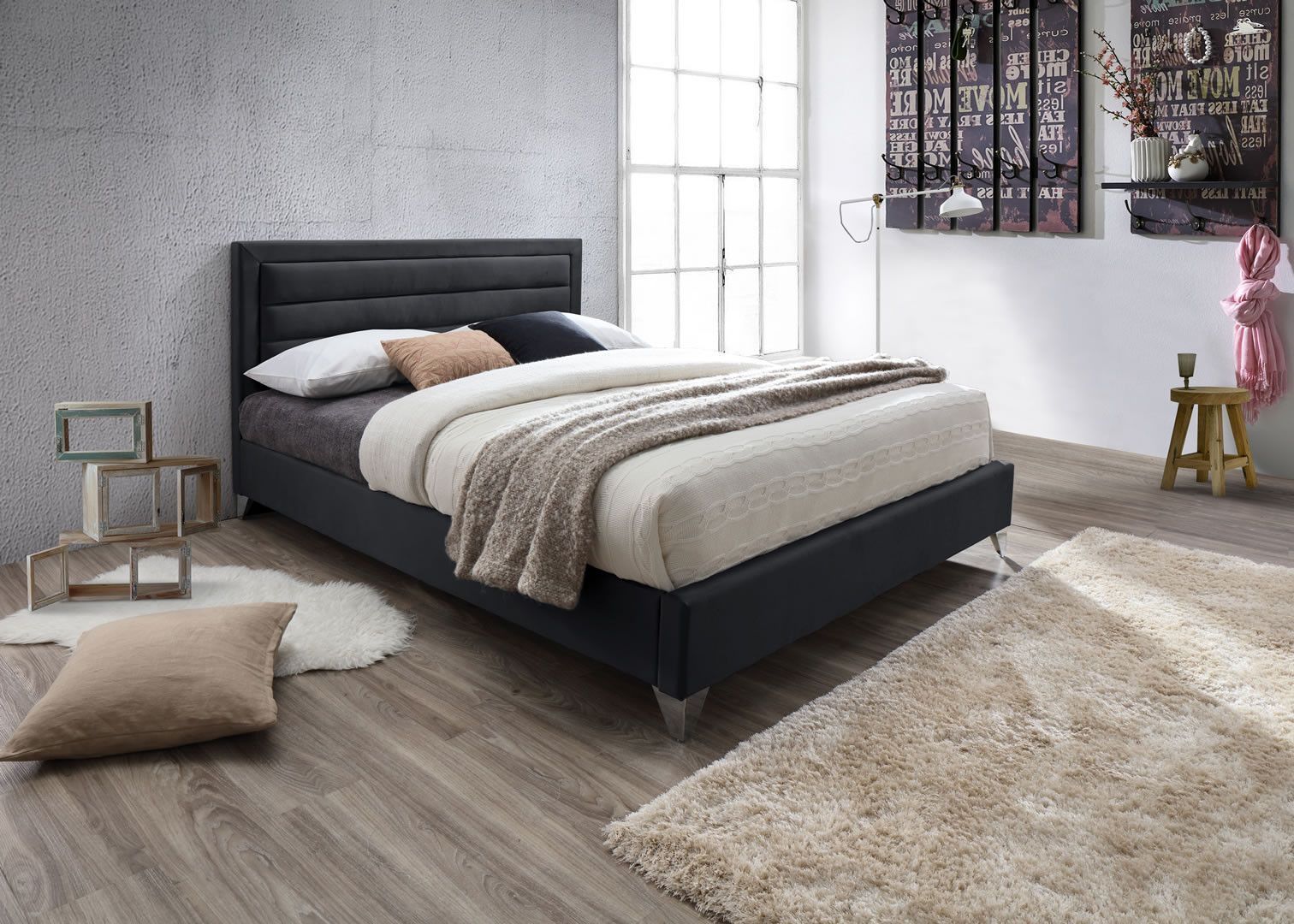 Lits - Lit double PU noir mat avec sommier tête de lit ...