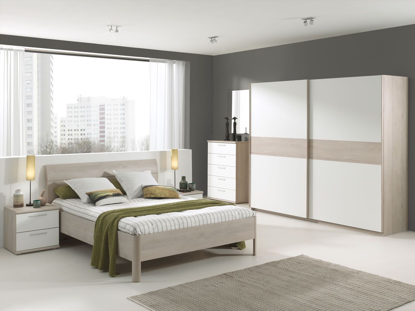 Chambre Adulte Complete Lit 180cm Armoire 200cm Chene Et Blanc Cyara