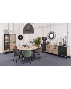 13423 | Salle à manger complète industriel table ronde 110 cm aspect parquet Periza