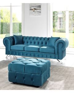 13990 | Canapé design 3 places chesterfield pied métal bleu canard Maïssa