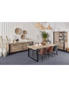 15200 | Salle à manger industrielle aspect parquet table 225 cm pieds en U