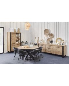 15210 | Salle à manger industrielle bois de teck table ronde pieds en étoile 130 cm Ulric