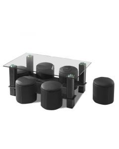 5250 | Table basse en verre + 6 poufs Ferrola noir