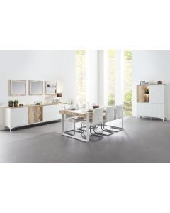 9749 | Salle à manger scandinave table 160 cm bois naturel et pieds en métal blanc Vorane