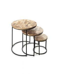 9933 | Tables basses gigognes rondes bois et métal noir Leony