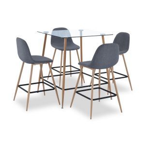 10140 | Ensemble table carrée mi haute en verre et 4 tabourets Marty