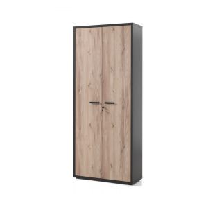 11192 | Meuble de rangement 2 portes en pin et gris pour bureau JUPI