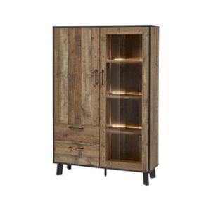 13406 | Vitrine industriel 2 portes 2 tiroirs aspect parquet ancien Karo