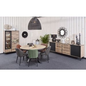 13423 | Salle à manger complète industriel table ronde 110 cm aspect parquet Periza