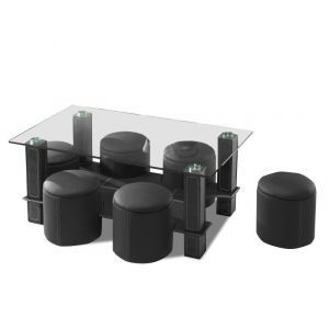 5250 | Table basse en verre + 6 poufs Ferrola noir