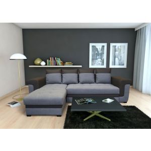 6486 | Canapé convertible lit + coffre PU marron et tissu gris Parsons gauche