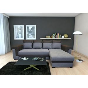 6487 | Canapé convertible lit + coffre PU marron et tissu gris Parsons droit