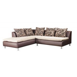 6489 | Canapé d'angle design PU marron et toile de coton beige pieds métal Wichita gauche