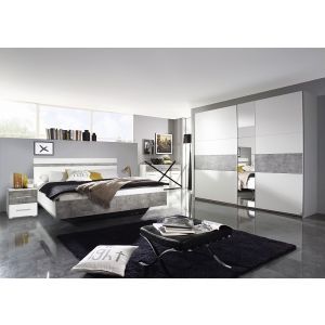 9089 | Chambre complète adulte armoire 218 cm Stoner blanc et béton lit 160 cm
